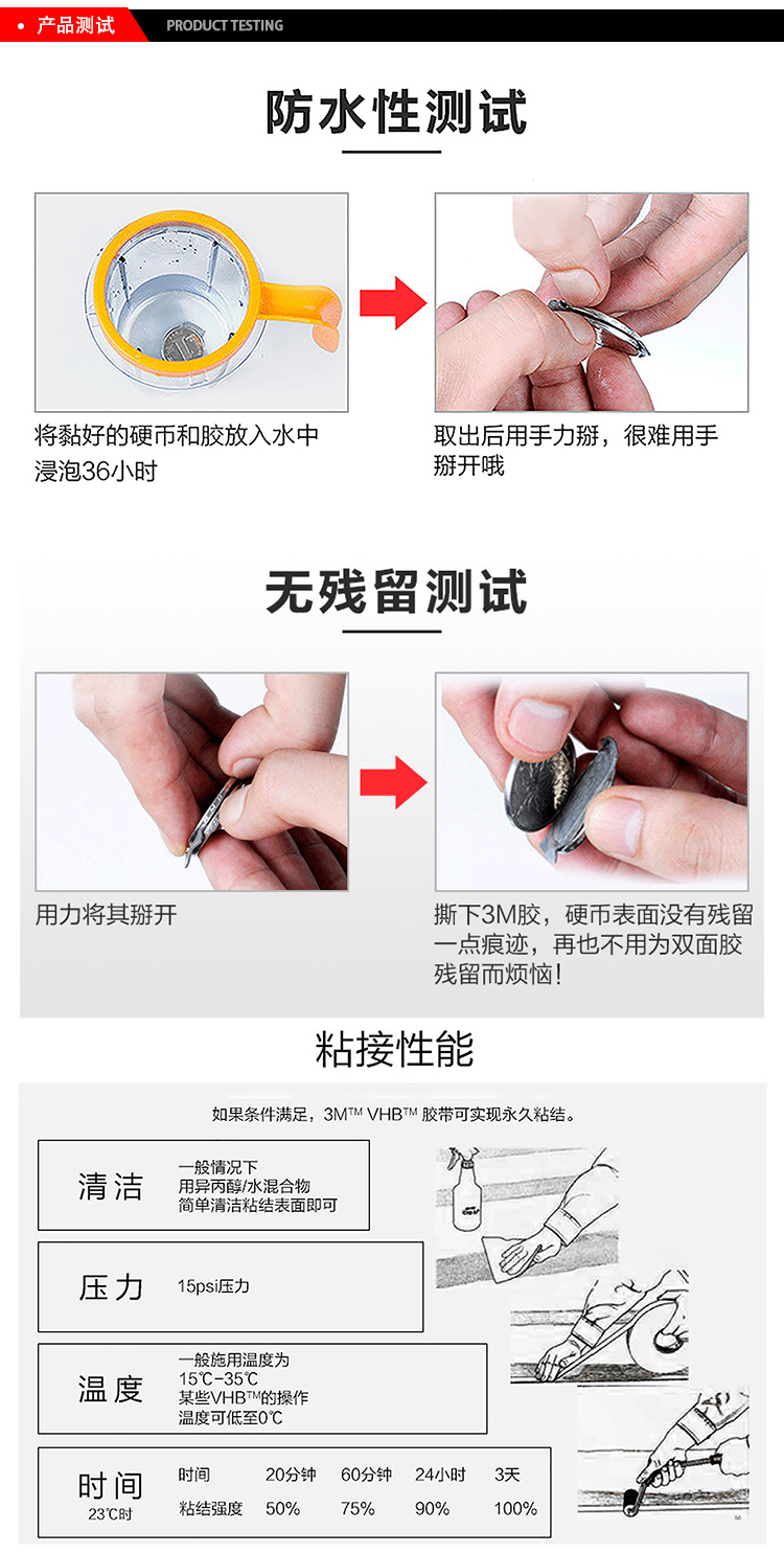 3MVHB通用型丙烯酸泡棉膠帶5925防水測試、無殘留測試、粘接性能